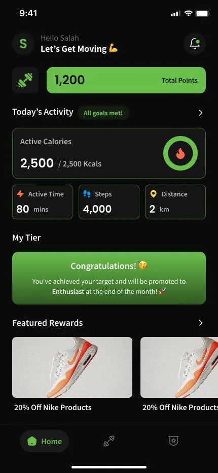 The BeneFit home screen: total points, today's active calories, steps and distance, your tier and featured rewards