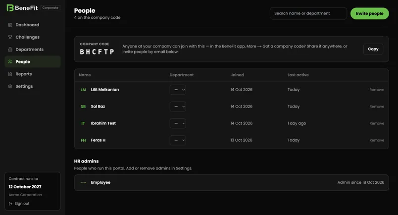 The People page in the HR portal with the company code and the list of members